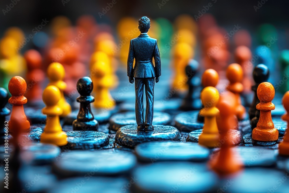 Poster business strategy concept with figurine facing colorful game pieces representing choices and decisio