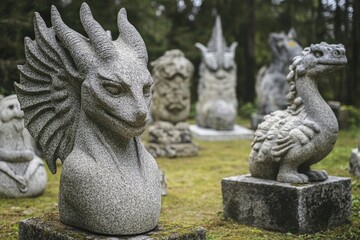 Stone sculptures of mythical creatures in an outdoor art exhibit