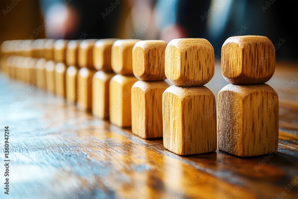 Poster wooden figurines arranged in a line on a table for teamwork concept and collaboration in a business 