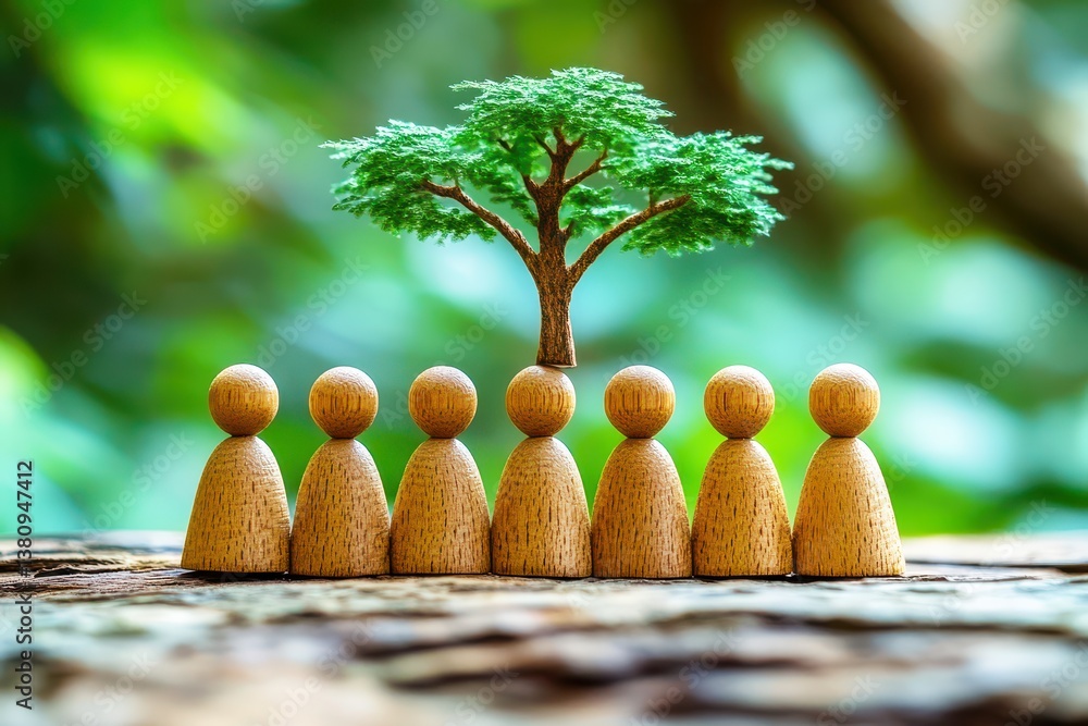 Poster wooden figures representing teamwork and unity with a small tree symbolizing growth, nature, and sus