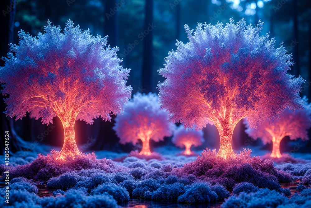 Poster a group of pink trees are lit up in the dark. the trees are lit up in a way that makes them look lik