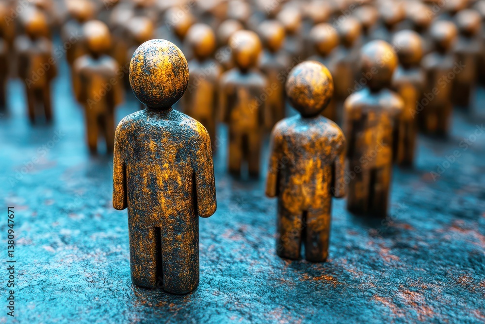 Poster abstract representation of individuality and unity concept in a crowd of bronze human figures on a t