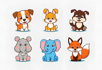 Adorable Cartoon Animals: A delightful collection of charming cartoon animals including a playful puppy, a cheerful rabbit, a charming fox, and other endearing creatures, all designed in a vibrant.