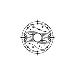 Celestial Mandala: Minimalist Black & White Universe Illustration