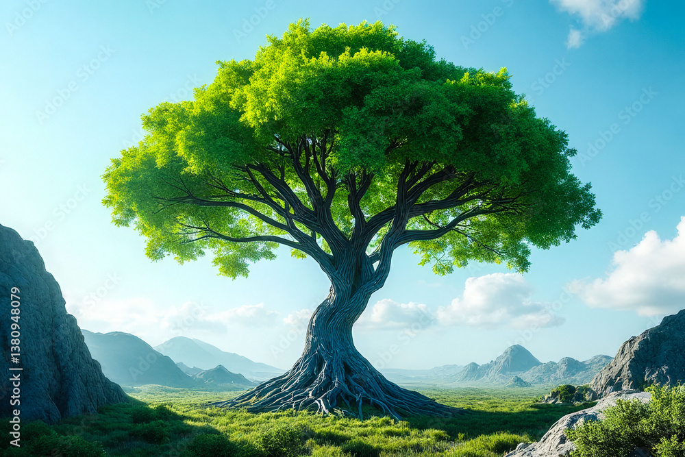 Poster a large tree with a trunk that is twisted and has a lot of branches. the tree is surrounded by mount