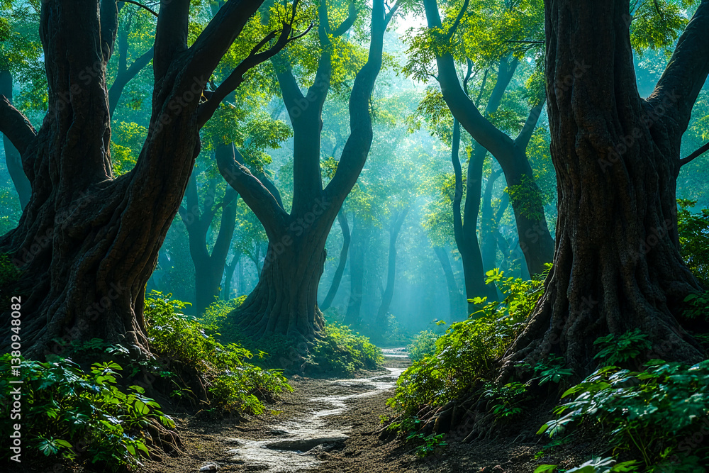 Poster a forest with trees and a path. the trees are tall and green, and the path is surrounded by bushes. 