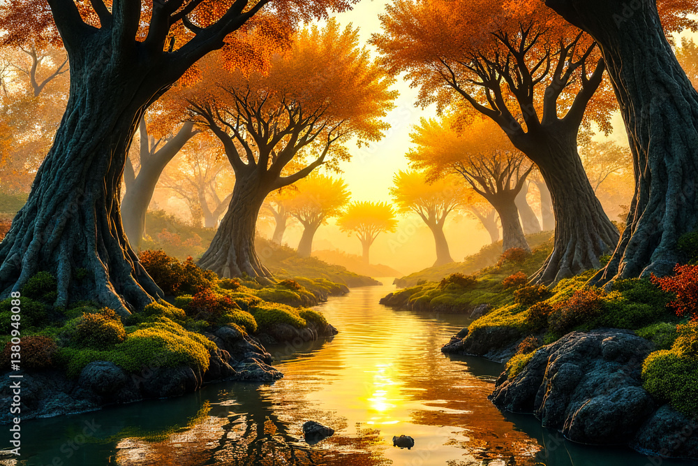 Poster a forest with a river running through it. the trees are tall and twisted, and the sunlight is shinin