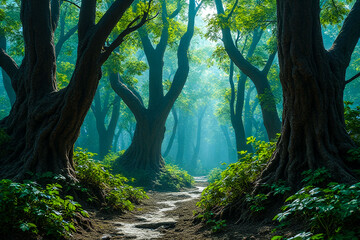 Fototapeta premium A forest with trees and a path. The trees are tall and green, and the path is surrounded by bushes. Scene is peaceful and serene, as the viewer is surrounded by nature and the sounds of the forest