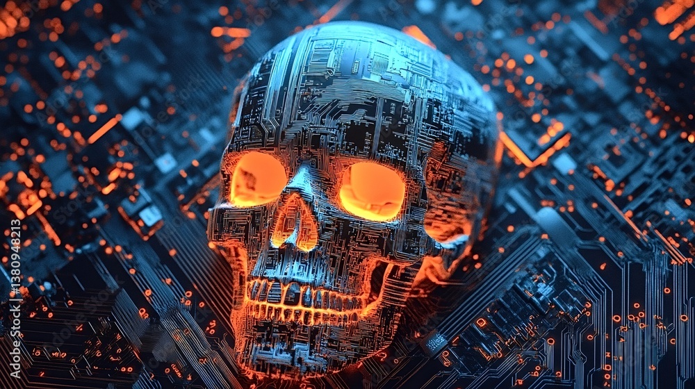 Poster metallic skull with glowing orange eyes and intricate circuitry rests on a complex circuit board, re
