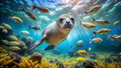 Obraz premium Seal Swimming Among Colorful Fish in Vibrant Underwater Scene