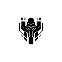 Tech Shield: Minimalist Black Geometric Cyberpunk Logo on White