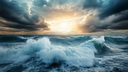 Vibrant waves crashing along the shore as sunlight breaks through dark clouds at sunset over the peaceful ocean horizon Generative AI