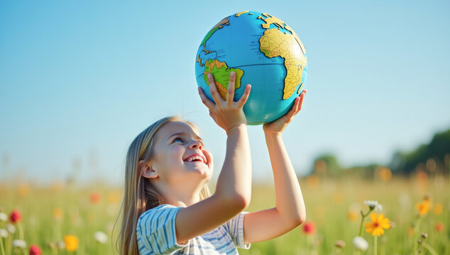 A happy girl in a field holds a model of the globe above her head against a blue sky background