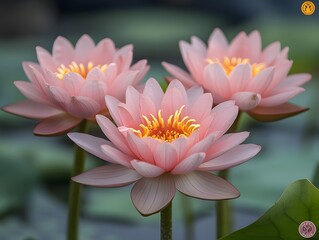 Pink Water Lilies: A close-up shot of three delicate pink water lilies blooming, their petals gracefully unfurling in the tranquil waters, revealing a vibrant yellow center