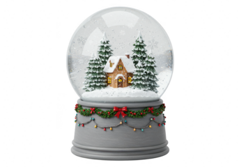 A decorative snow globe featuring a cozy house surrounded by snow-covered pine trees isolated on transparent background