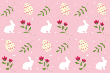 Happy Easter pattern. Easter bunny,  flowers , egg, twigs on pink background. Design for greeting cards, posters, decorations, wrapping paper, textile. Flat cartoon style.Vector illustration.