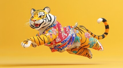 side view. A cute female tiger in a Korean hanbok, and colorful body is jumping. It is made with clay material, rendered using blender software