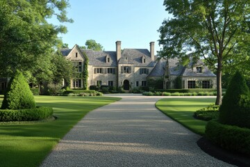 A stunning stone mansion sits gracefully amidst vibrant greenery and beautifully kept gardens, all bathed in the warm glow of a sunny afternoon