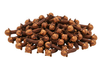Obraz premium A pile of dried whole cloves showing their brown bud-like heads and tapered stems isolated on transparent background