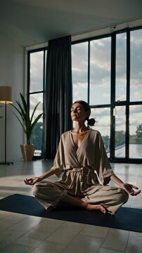 Femme m&eacute;ditant en position du lotus dans un salon moderne, lumi&egrave;re douce &agrave; travers les baies vitr&eacute;es, ambiance calme et zen &ndash; bien-&ecirc;tre, yoga, relaxation int&eacute;rieure