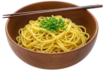 A bowl of cooked yellow noodles garnished with green onions isolated on transparent background
