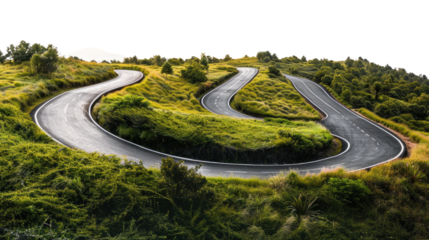 Winding Road: A serpentine asphalt road snakes its way through rolling green hills and vibrant vegetation, disappearing into the distance under a bright, clear sky.
