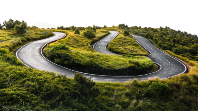 Winding Road: A serpentine asphalt road snakes its way through rolling green hills and vibrant vegetation, disappearing into the distance under a bright, clear sky.