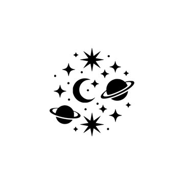 Minimalist Celestial Icon: Moon, Stars, Planets, Modern Vector