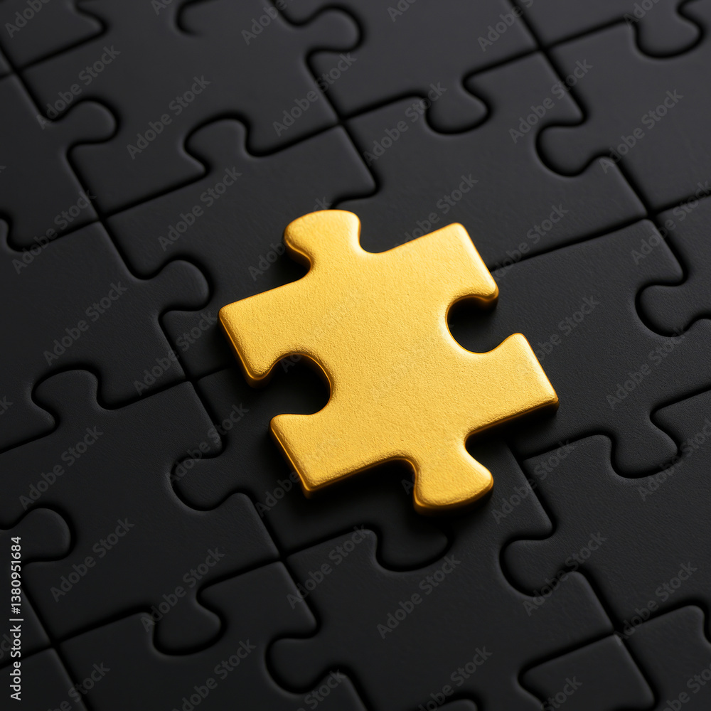 Poster single gold puzzle piece on black background representing solutions and problem solving