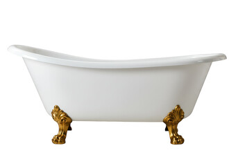 A classic white clawfoot bathtub with high curved edges and ornate golden lion paw feet isolated on transparent background