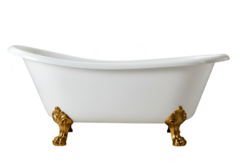 A classic white clawfoot bathtub with high curved edges and ornate golden lion paw feet isolated on transparent background