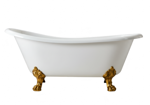 A classic white clawfoot bathtub with high curved edges and ornate golden lion paw feet isolated on transparent background
