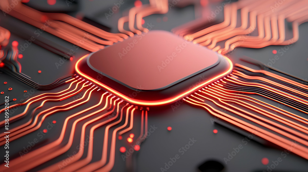 Poster glowing red circuitry and copper computer chip close up