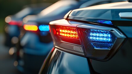 Obraz premium Close-up of police car lights with red and blue flashing signals