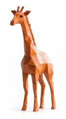 Naklejka premium Papercraft animal figures concept. A stylized giraffe sculpture created with a geometric, polygonal design, showcasing shades of orange and brown.