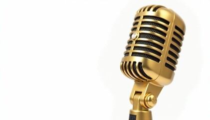 Fototapeta premium Close-up shot of a single gold hip hop microphone isolated on white background, sound, detail