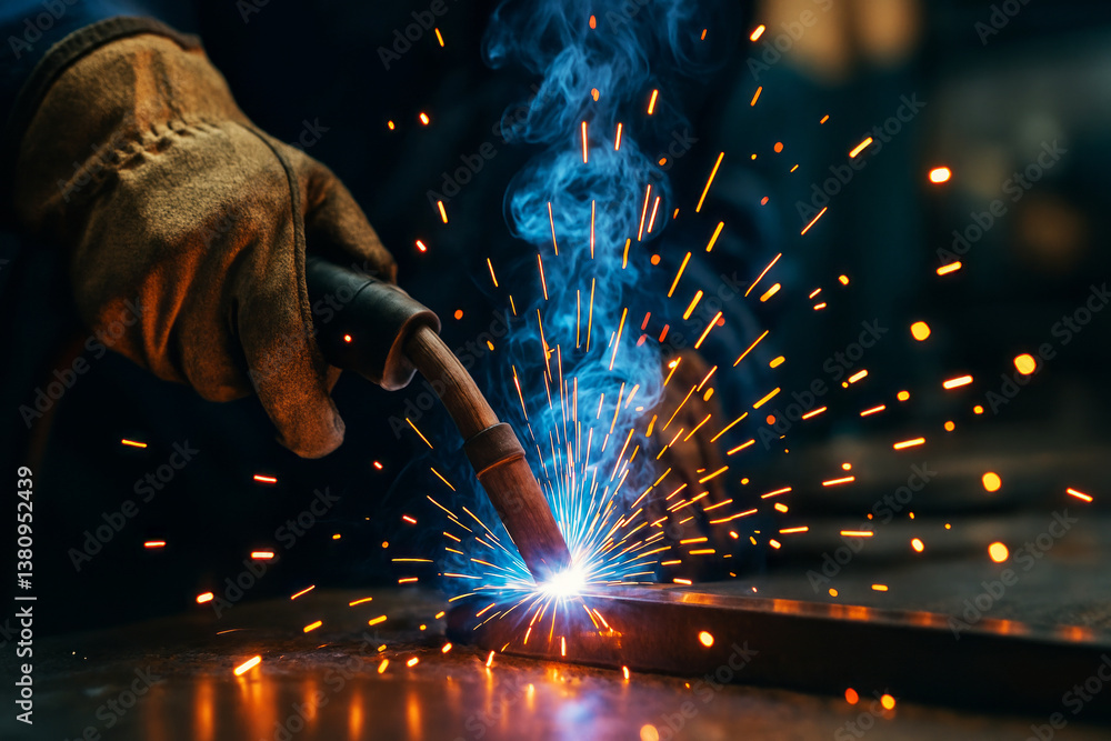 Poster close-up of skilled welder creating sparks with welding torch in industrial workshop
