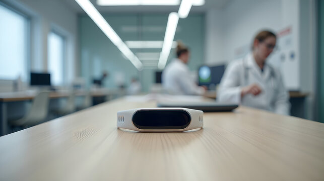 a wearable health tracker on a subtle grain wood desk in a lab