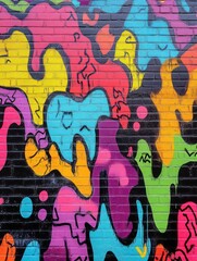Obraz premium Abstract colorful graffiti art on a brick wall, showcasing various bright colors and unique patterns. The artwork adds an energetic and artistic expression to the urban landscape.