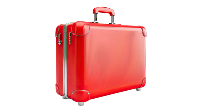 Red Suitcase: A vibrant red suitcase, ideal for travel, vacation or business trips, rendered in high detail, with a classic design and sturdy construction, ready for journeys.