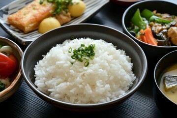 Rice Bowl with Japanese Side Dishes on Dark Table Surface