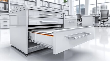 Fototapeta premium Modern office filing cabinet with open drawer revealing documents