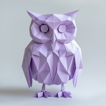Papercraft animal figures concept. A geometric paper owl sculpture in soft lavender tones, showcasing intricate folds and angles, emphasizing creativity and craftsmanship.
