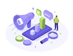 Character working at content creation, analyzing data, communicate with audience. Digital marketing, advertising, promotion concept. Flat isometric vector illustration.
