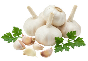 Several whole garlic with papery white skins surrounded by peeled garlic cloves and parsley isolated on transparent background
