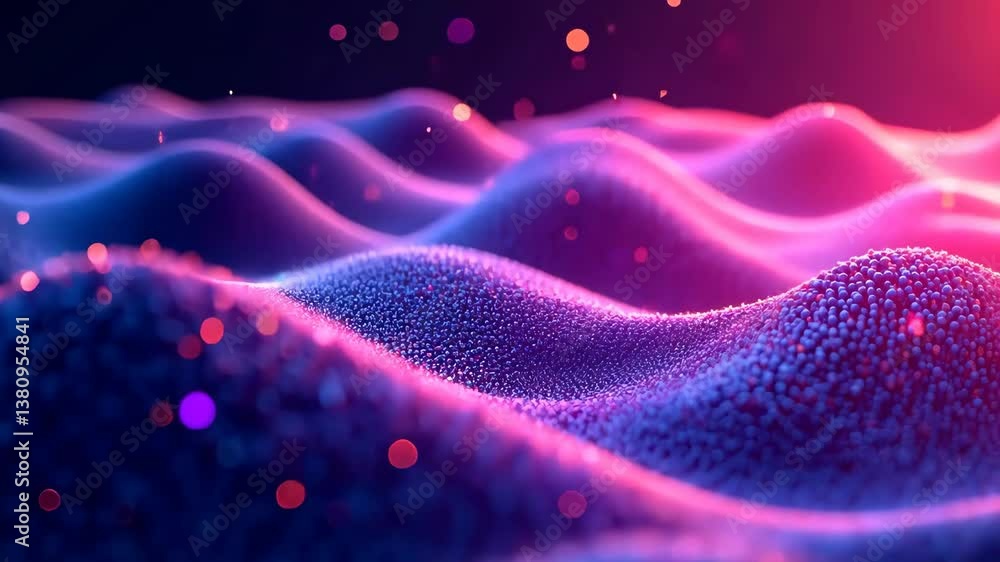 Poster mystical waves of tiny spheres a captivating dance of light and shadow in a vibrant realm