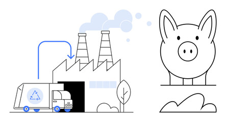 Recycling truck near factory emitting smoke, piggy bank, trees, and clouds supporting environmental themes. Ideal for sustainability, recycling, ecology, environmental awareness, industrial impact