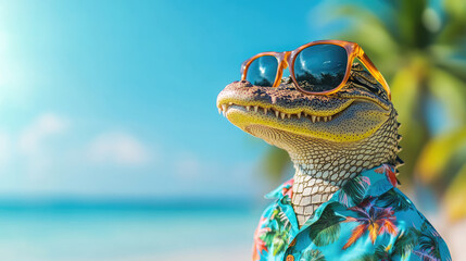Stylish alligator in a Hawaiian shirt and sunglasses relaxing on a tropical beach with palm trees and a clear blue sky, enjoying a summer getaway. Funny meme with copy space and banner