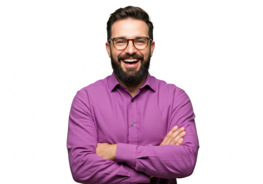 A cheerful man wearing glasses and a purple button-up shirt, smiling with arms crossed isolated on transparent background