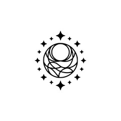 Geometric Celestial Logo: Black Line Art Star Sphere